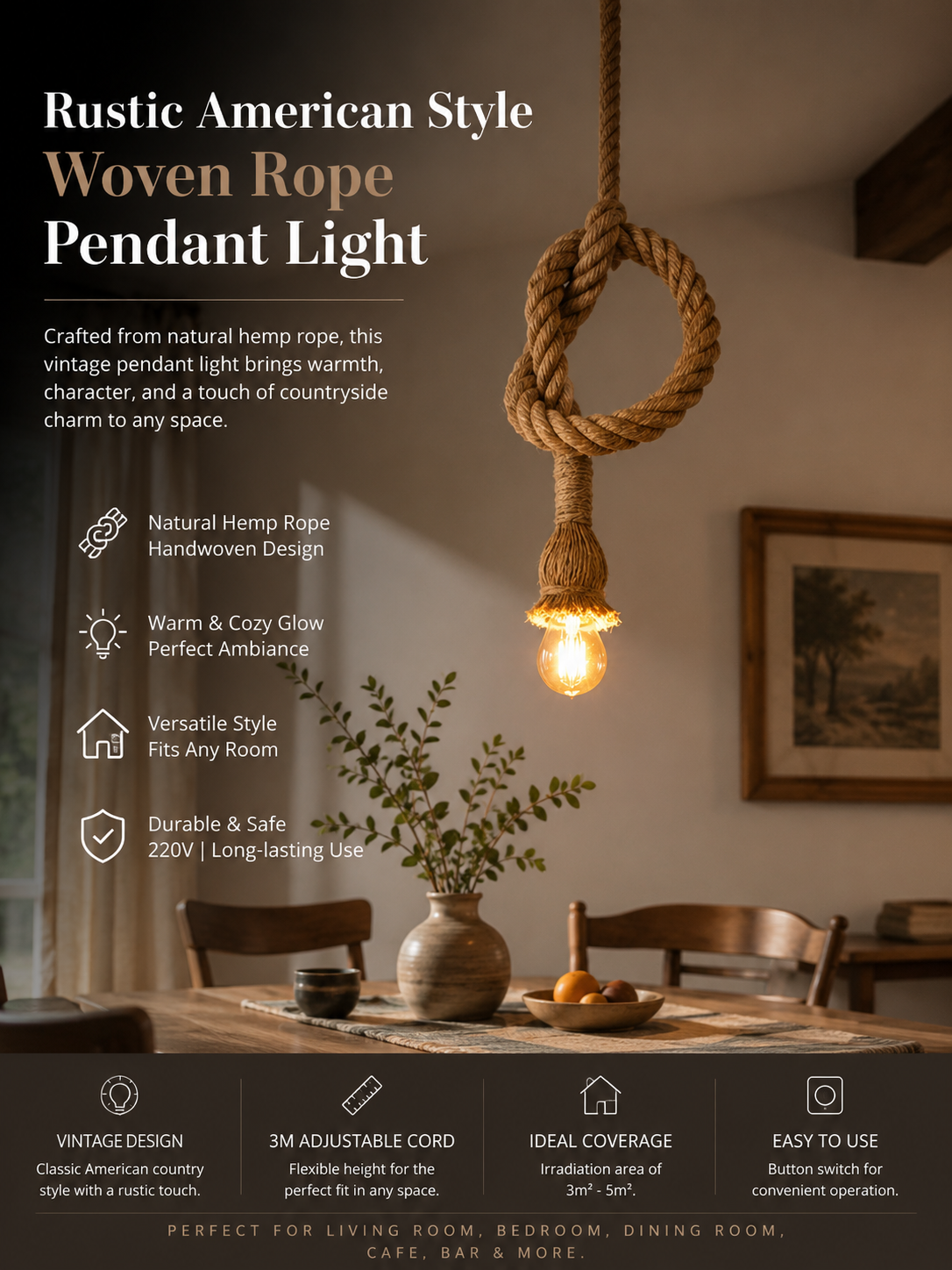 Rustic American Style Woven Rope Pendant Light
