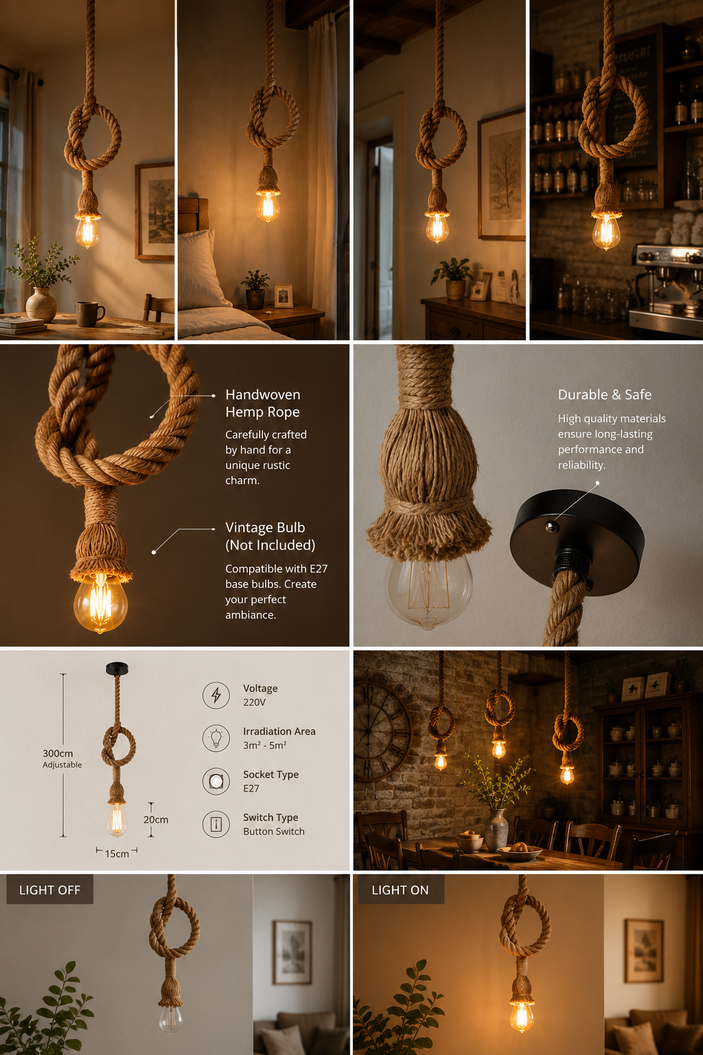 Rustic American Style Woven Rope Pendant Light